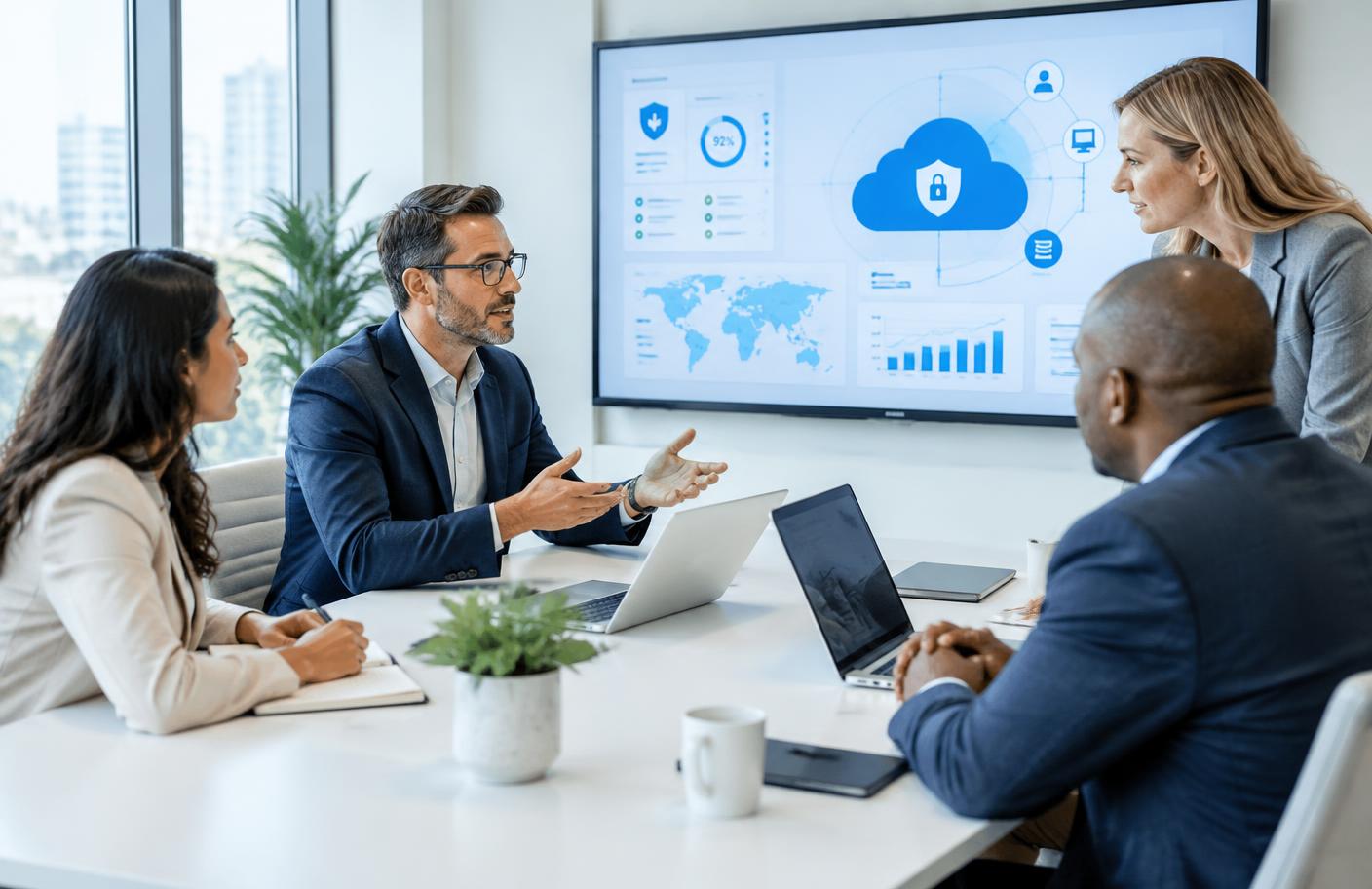 Security consultants collaborating with a client